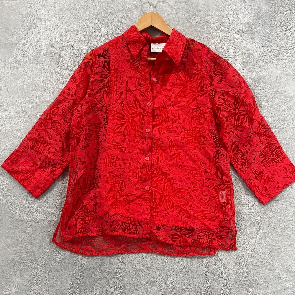 Alfred Dunner Blouse Women's 8 Floral Button Up Sheer Top Red 3/4 Sleeves‎